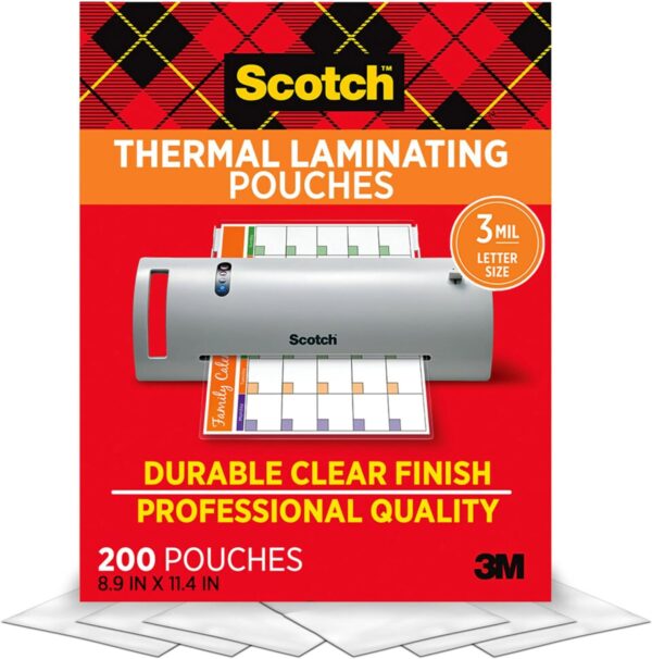 Scotch Thermal Laminating Pouches, 200 Count, Clear, 3 mil., Laminate Business Cards, Banners and Essays, Ideal Office or School Supplies, Fits Letter Sized (8.9 in. × 11.4 in.) Paper