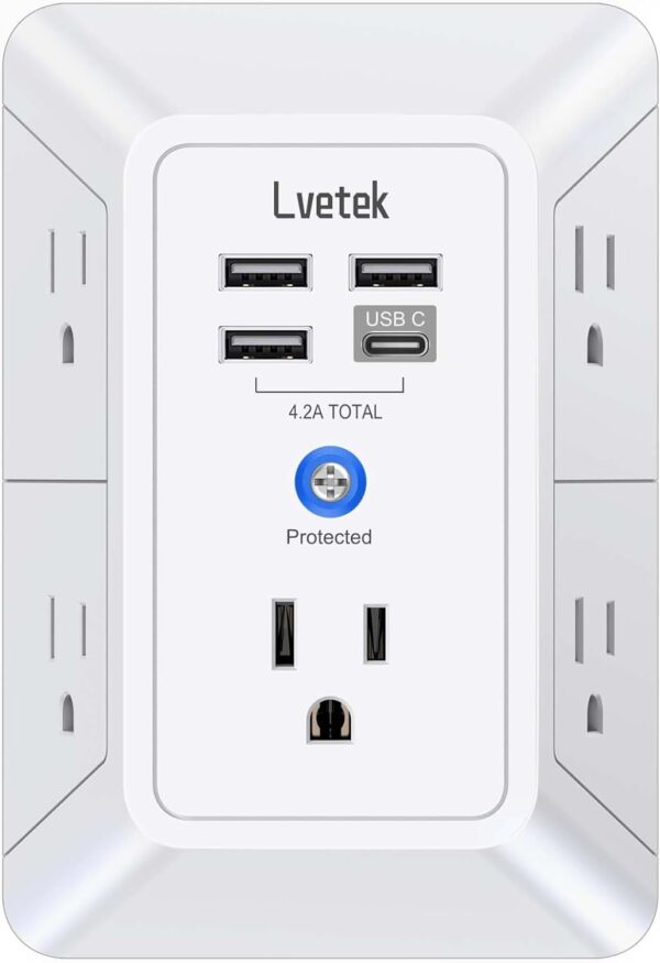 5-Outlet Surge Protector Wall Charger with 4 USB Ports - 1680J Multi Plug for Home, Office, Travel - Image 2