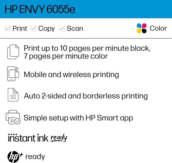 HP ENVY 6055e Wireless Color Inkjet Printer, Print, scan, copy, Easy setup, Mobile printing, Best-for-home, Instant Ink with HP+ (3 months included),white - Image 3