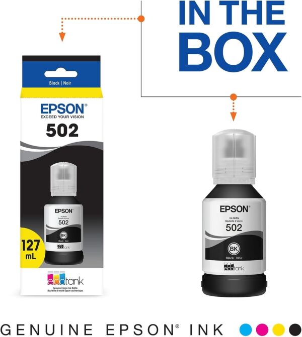 EPSON 502 EcoTank Ink Ultra-high Capacity Bottle Black Works with ET-2750, ET-2760, ET-2850, ET-3750, ET-3760, ET-3850, ET-4850, and other select EcoTank models