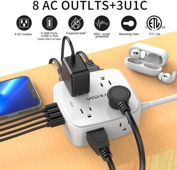 6 Ft Surge Protector Power Strip - 8 Widely Outlets with 4 USB Ports, 3 Side Outlet Extender with 6 Feet Extension Cord, Flat Plug, Wall Mount, Desk USB Charging Station, ETL,White - Image 3