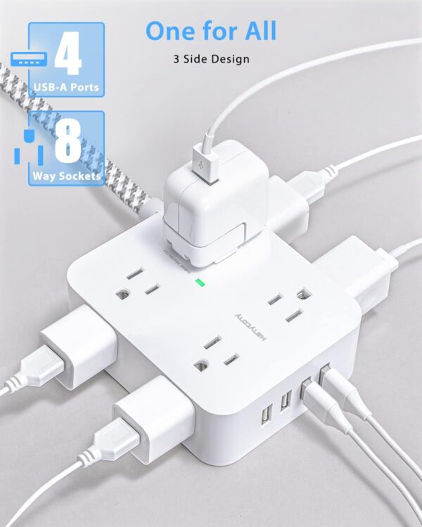 Surge Protector Power Strip - 8 Widely Outlets with 4 USB Charging Ports, Multi Plug Outlet Extender with 5Ft Braided Extension Cord, Flat Plug Wall Mount Desk USB Charging Station for Home Office ETL - Image 3