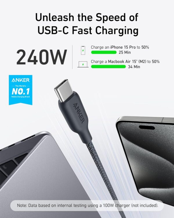 Anker USB C to USB C Cable (240W,10ft), Bio-Braided USB C Charger Cable Fast Charge for iPhone15/15Pro/15Plus/15ProMax, iPad Pro 2020, iPad Air 4, Samsung Galaxy S23+/S23 Ultra - Image 3