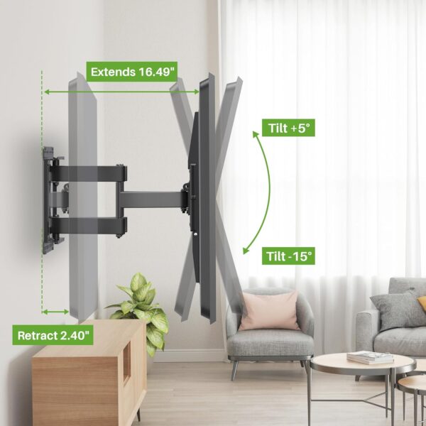 Full Motion TV Wall Mount for Most 47-84 inch Flat Screen/LED/4K TV, Mount Bracket Dual Swivel Articulating Tilt 6 Arms, Max VESA 600x400mm, Holds up to 132lbs, Fits 8” 12” 16" Wood Studs - Image 4