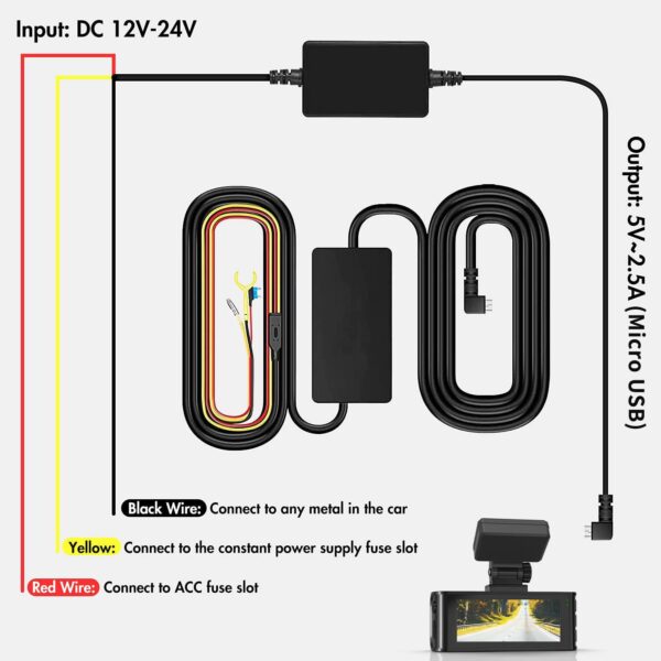 Hardwire Kit USB C Port, Dashboard Camera Car Charger Cable Kit 12V- 24V to 5V w/Fuse Kit, Low Voltage Protection for Dash Cam Double-4 Fuses - Image 4