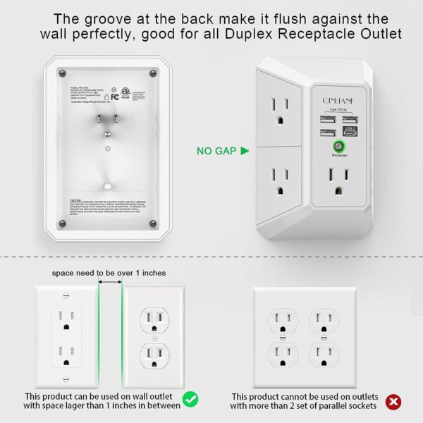 Wall Charger, Surge Protector, QINLIANF 5 Outlet Extender with 4 USB Charging Ports (4.8A Total) 3-Sided 1680J Power Strip Multi Plug Adapter Spaced for Home Travel Office (3U1C) - Image 4