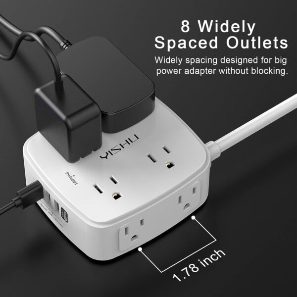 6 Ft Surge Protector Power Strip - 8 Widely Outlets with 4 USB Ports, 3 Side Outlet Extender with 6 Feet Extension Cord, Flat Plug, Wall Mount, Desk USB Charging Station, ETL,White - Image 4