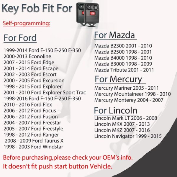 Key Fob Keyless Entry Fits for Ford F150 F250 F350 Explorer Expedition 1998-2016 / Ranger Escape Edge E150 Freestar / Lincoln Navigator Mercury Mazda 3 Button Remote Control Replacement CWTWB1U345 - Image 4