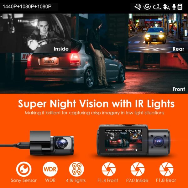 Vantrue N4 3 Channel Dash Cam, 4K+1080P Front and Rear, 1440P+1440P Front and Inside, 1440P+1440P+1080P Three Way Triple Car Camera, IR Night Vision, 24 Hours Parking Mode, Support 256GB Max - Image 4