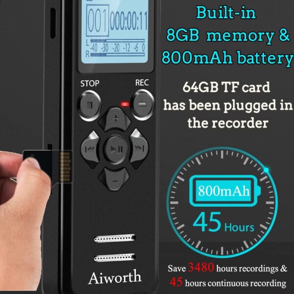 72GB Digital Voice Recorder Voice Activated Recorder for Lectures Meetings - aiworth 5220 Hours Sound Audio Recorder Dictaphone Recording Device with Playback,MP3 Player,Password,Variable Speed - Image 4