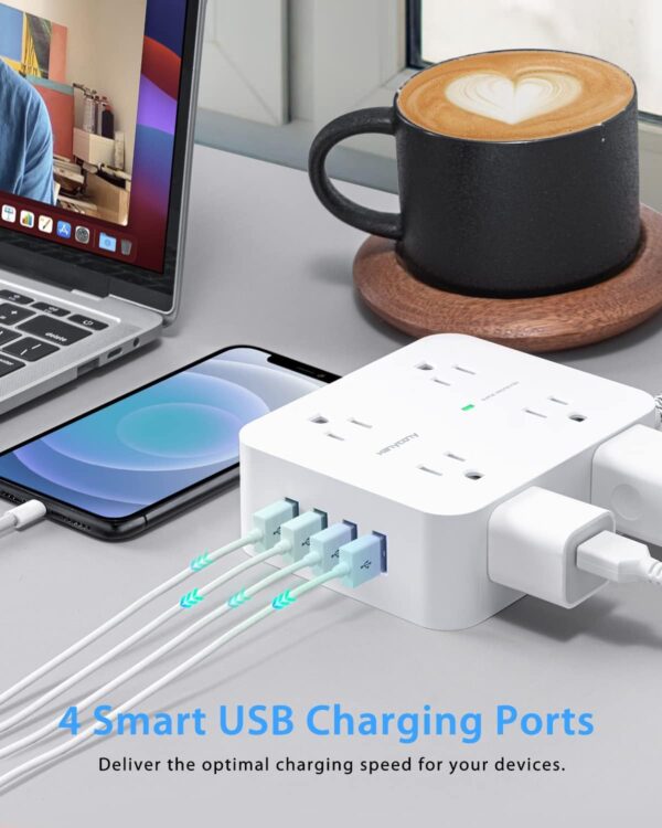 Surge Protector Power Strip - 8 Widely Outlets with 4 USB Charging Ports, Multi Plug Outlet Extender with 5Ft Braided Extension Cord, Flat Plug Wall Mount Desk USB Charging Station for Home Office - Image 4