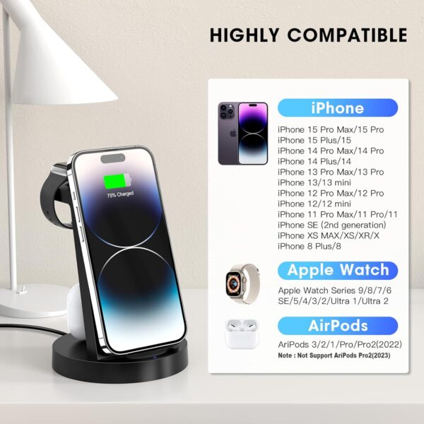 3 in 1 Charging Station for iPhone, Wireless Charger for iPhone 15 14 13 12 11 X Pro Max & Apple Watch - Charging Stand Dock for AirPods - Image 5