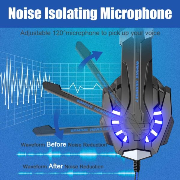 Stereo Gaming Headset for PS4 PC Xbox One PS5 Controller, Noise Cancelling Over Ear Headphones with Mic, LED Light, Bass Surround, Soft Memory Earmuffs - Image 5