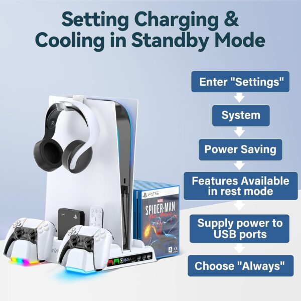 PS5 / PS5 Slim Stand and Cooling Station with RGB LED Controller Charging Station for Playstation 5 Console, PS5 Controller Charger, PS5 / PS5 Slim Accessories with 3 Level Cooling Fan - Image 6