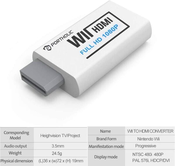 PORTHOLIC Wii to HDMI Converter 1080P for Full HD Device, Wii HDMI Adapter with 3,5mm Audio Jack&HDMI Output Compatible with Wii, Wii U, HDTV, Monitor-Supports All Wii Display Modes 720P, NTS - Image 6