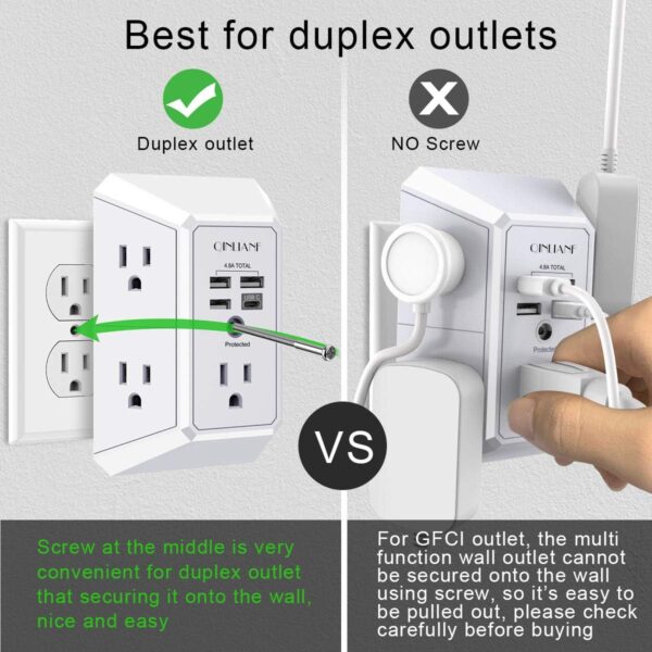 Wall Charger, Surge Protector, QINLIANF 5 Outlet Extender with 4 USB Charging Ports (4.8A Total) 3-Sided 1680J Power Strip Multi Plug Adapter Spaced for Home Travel Office (3U1C) - Image 6