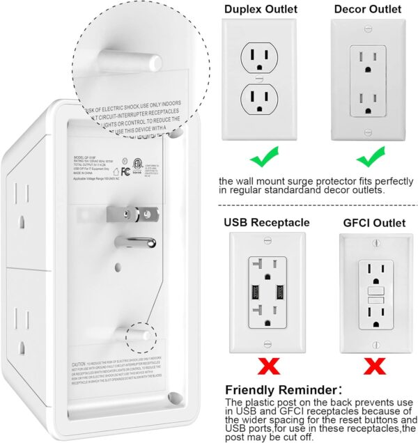 5-Outlet Surge Protector Wall Charger with 4 USB Ports - 1680J Multi Plug for Home, Office, Travel - Image 6