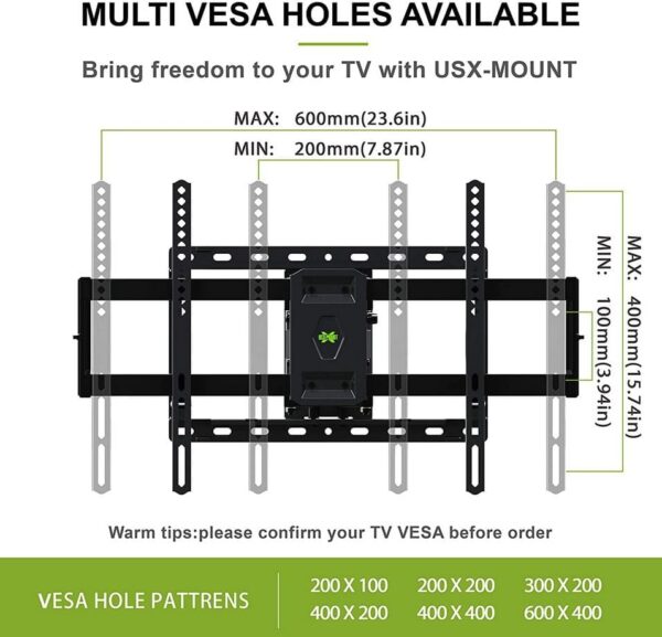 Full Motion TV Wall Mount for Most 47-84 inch Flat Screen/LED/4K TV, Mount Bracket Dual Swivel Articulating Tilt 6 Arms, Max VESA 600x400mm, Holds up to 132lbs, Fits 8” 12” 16" Wood Studs - Image 7