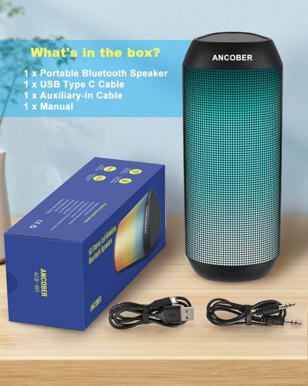 Wireless Bluetooth Portable Speaker 15W Stereo Sound with Multi LED Light Dynamic Modes, IPX4 Waterproof Bluetooth Speakers, BT5.3, TWS Surround Pairing